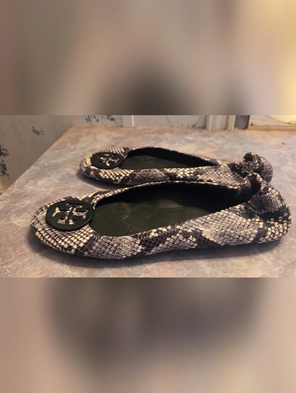 Tory Burch Snake Print Reva Flats in Black and Cream